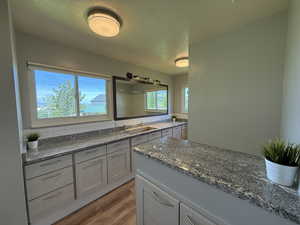 Full bathroom featuring wood finished floors, a textured ceiling, vanity, a shower, and tasteful backsplash