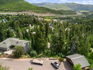 Bird's eye view of a mountainous background