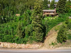 View from above of property featuring a heavily wooded area