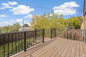 Wooden deck featuring a fenced backyard