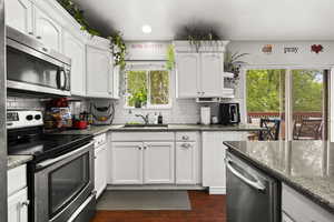Kitchen with stainless steel appliances, a sink, plenty of natural light, white cabinets, and recessed lighting