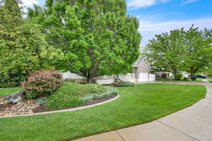 View of grassy yard with concrete driveway and a garage