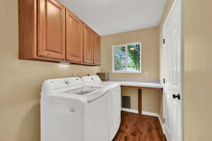 Laundry area with cabinet space, washer and clothes dryer, and dark wood-style floors
