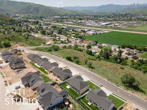 Aerial perspective of suburban area with a mountain backdrop