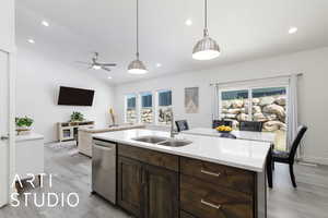 Kitchen with a sink, stainless steel dishwasher, light wood-style flooring, dark brown cabinetry, and recessed lighting