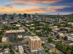 Aerial view at dusk of downtown SLC.