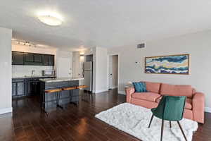 Living area featuring an open floor plan and wood-look tile floors.