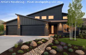 Modern home featuring board and batten siding, an attached garage, driveway, and a front lawn