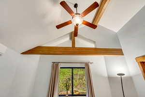 Detailed view of beam ceiling and ceiling fan