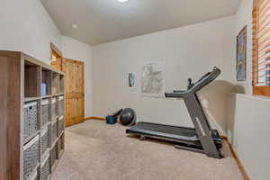 Exercise area featuring light carpet and baseboards