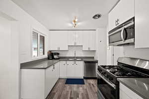 Kitchen featuring stainless steel appliances, a sink, dark wood-type flooring, and white cabinets