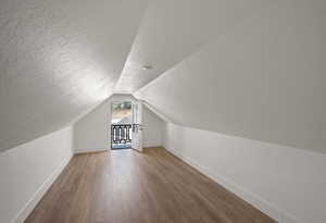 Additional living space with baseboards, a textured ceiling, wood finished floors, and vaulted ceiling