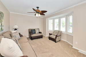 Living area with ornamental molding, plenty of natural light, a ceiling fan, carpet, and baseboards
