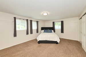 Bedroom featuring carpet, a closet, and baseboards