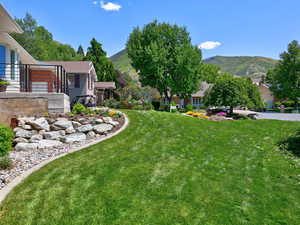 View of green lawn with a mountain view