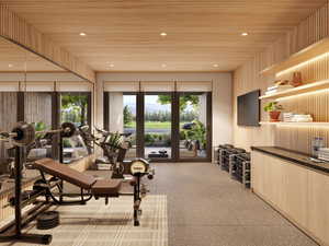 Workout area featuring wood ceiling and recessed lighting