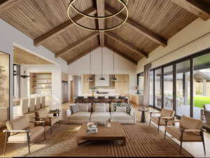 Living area featuring high vaulted ceiling, a wood ceiling with exposed beams, and light wood-style floors