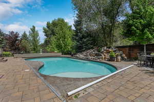 In ground Swimming pool featuring a patio and fence