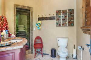 Bathroom with a shower stall, toilet, and vanity