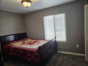 Carpeted bedroom featuring multiple windows and baseboards