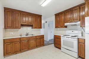 Kitchen featuring electric range, under cabinet range hood, a sink, backsplash, and brown cabinetry