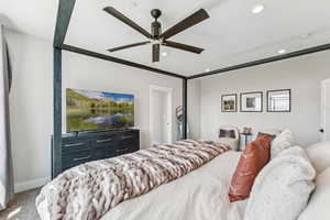 Bedroom featuring crown molding, recessed lighting, and ceiling fan