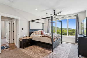 Bedroom with recessed lighting, light wood-style flooring, and ceiling fan