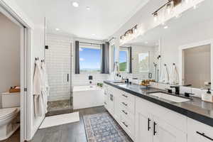 Bathroom with double vanity, a shower stall, a bath, and recessed lighting