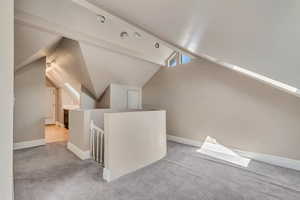 Additional living space with carpet, vaulted ceiling, and baseboards