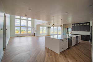 Kitchen featuring stainless steel dishwasher, a textured ceiling, light wood-type flooring, open floor plan, and a chandelier