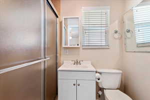 Bathroom featuring plenty of natural light, a shower stall, vanity, and toilet