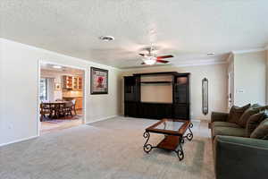Carpeted living room featuring crown molding, ceiling fan, a textured ceiling, and baseboards