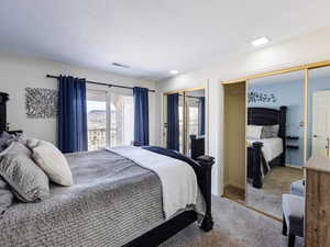 Carpeted bedroom with two closets and baseboards