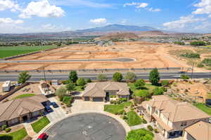 Aerial view of residential area with a mountain backdrop