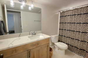Bathroom featuring toilet, vanity, a textured ceiling, and a shower with curtain