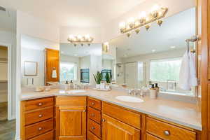 Full bathroom with a shower stall and double vanity