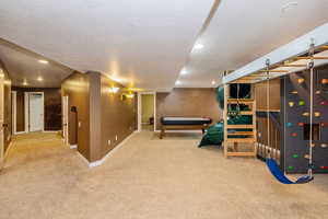 Finished below grade area featuring carpet flooring, baseboards, a textured ceiling, and recessed lighting