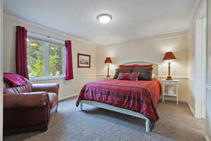 Bedroom featuring carpet, crown molding, and baseboards