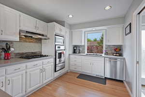 Kitchen featuring stainless steel appliances, under cabinet range hood, a sink, decorative backsplash, and recessed lighting