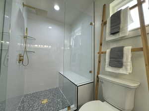 Full bathroom featuring toilet, walk in shower, and recessed lighting