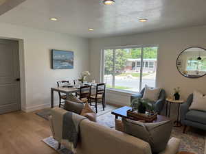 Living area featuring baseboards, light wood-type flooring, and recessed lighting