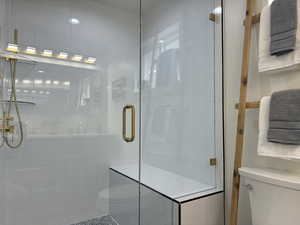 Full bath with toilet and a shower stall