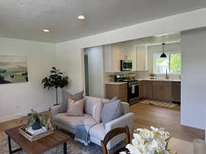 Living room featuring light wood finished floors, recessed lighting, and baseboards