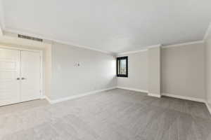 Carpeted empty room with crown molding and baseboards