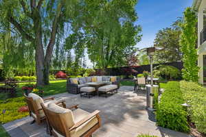 View of patio featuring outdoor lounge area, a fenced backyard, and outdoor dining area