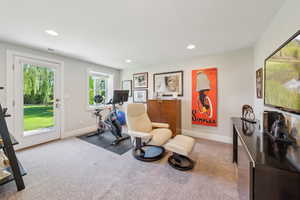 Workout room featuring baseboards, recessed lighting, and carpet flooring