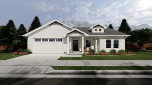 View of front facade with a mountain view, an attached garage, concrete driveway, and roof with shingles
