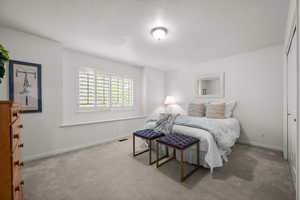 Bedroom featuring carpet, baseboards, and a closet