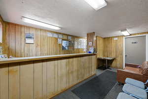 Bar area featuring wooden walls, a textured ceiling, and carpet flooring