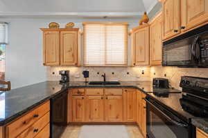 Kitchen with black appliances, a sink, dark stone counters, and decorative backsplash